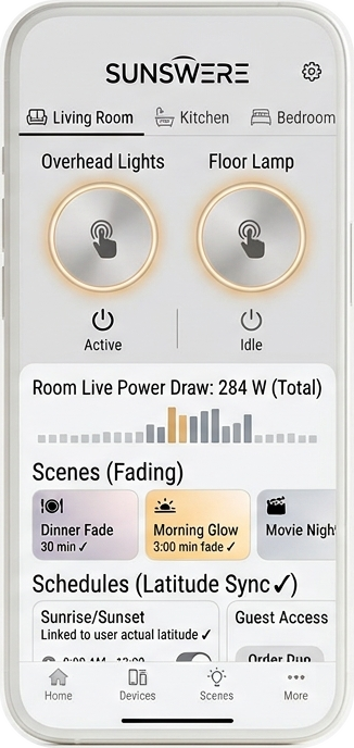 The SUNSWERE app showing room controls, live power draw and scenes