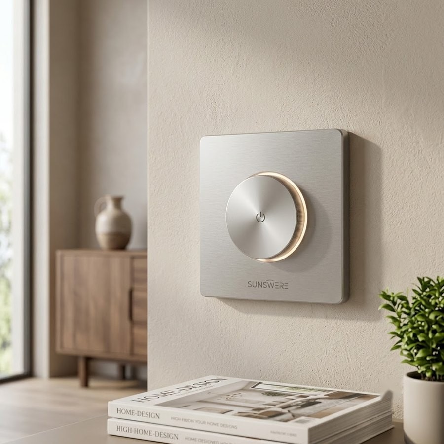 A SUNSWERE D1 mounted on a plaster wall in a sunlit living room